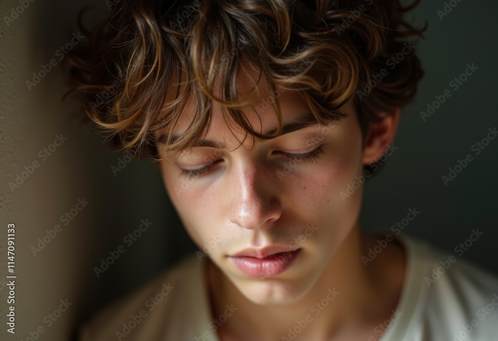 Close-up portrait of a young man with curly brown hair, eyes closed, peaceful expression. Close-up portrait of a young man with curly brown hair, eyes closed, peaceful expression.