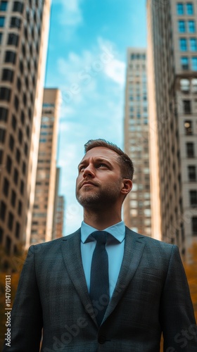 Young man in formal attire standing confidently in an urban setting with tall buildings and a soft sunset glow