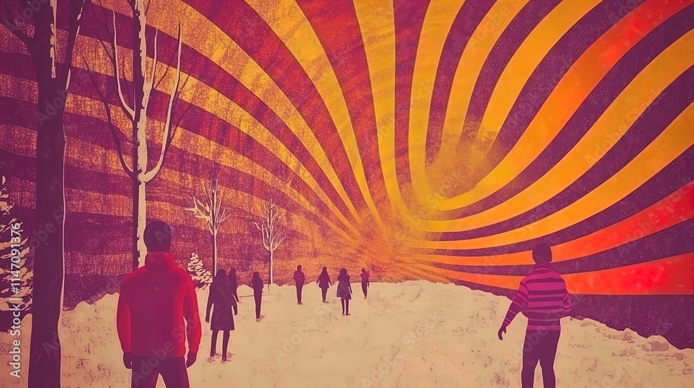 Naklejka premium captivating digital art installation: people engage with futuristic design in a snowy park – perfect for sports interior posters showcasing vibrant winter vibes.