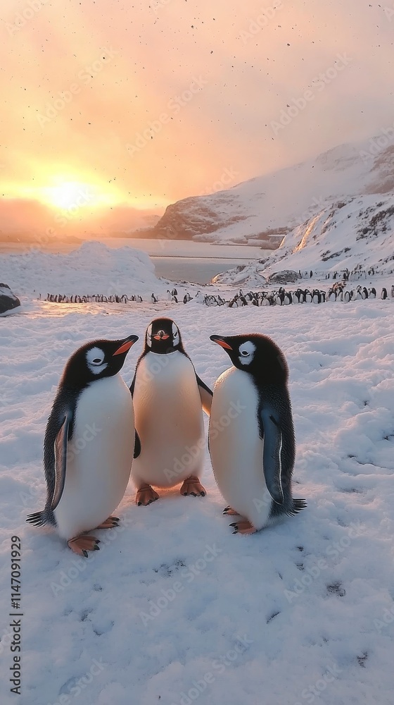 Obraz premium Group of penguins huddling together during a colorful sunset in Antarctica surrounded by snow and ice formations