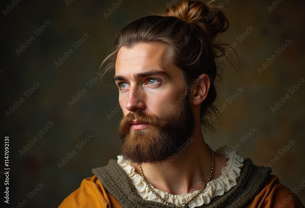A portrait of a young man with a long beard and hair tied in a topknot, dressed in Renaissance-style clothing. A portrait of a young man with a long beard and hair tied in a topknot, dressed in Renaissance-style clothing.