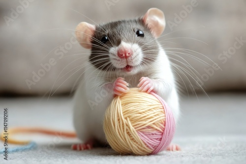 Cute pet rat plays with a ball of yarn on a soft carpet indoors during a sunny afternoon in a cozy living space