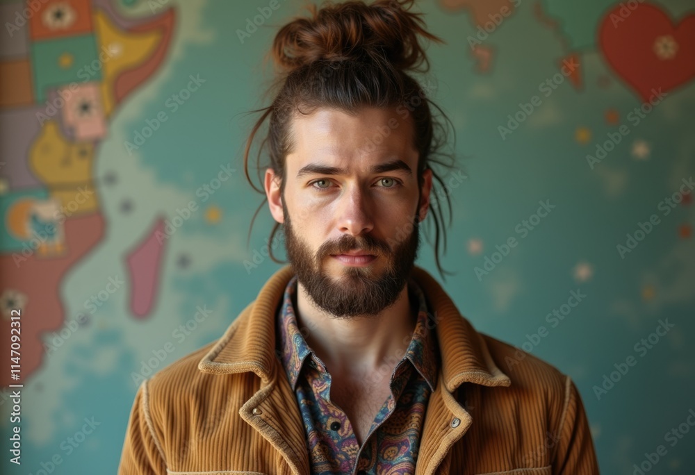 A young man with a topknot hairstyle, wearing a corduroy jacket, poses against a colorful world map backdrop. A young man with a topknot hairstyle, wearing a corduroy jacket, poses against a colorful world map backdrop.