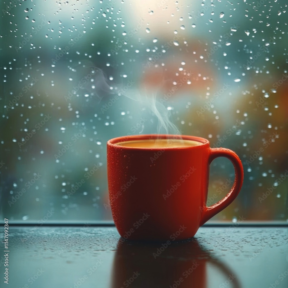 Obraz premium Warm cup of steaming drink placed on wooden table beside window with raindrops while soft light filters through