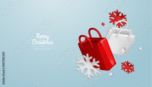 Happy New Year and Merry Christmas. Christmas holiday background with realistic 3d objects, bauble balls, conical metal stars. Levitation falling design composition.
