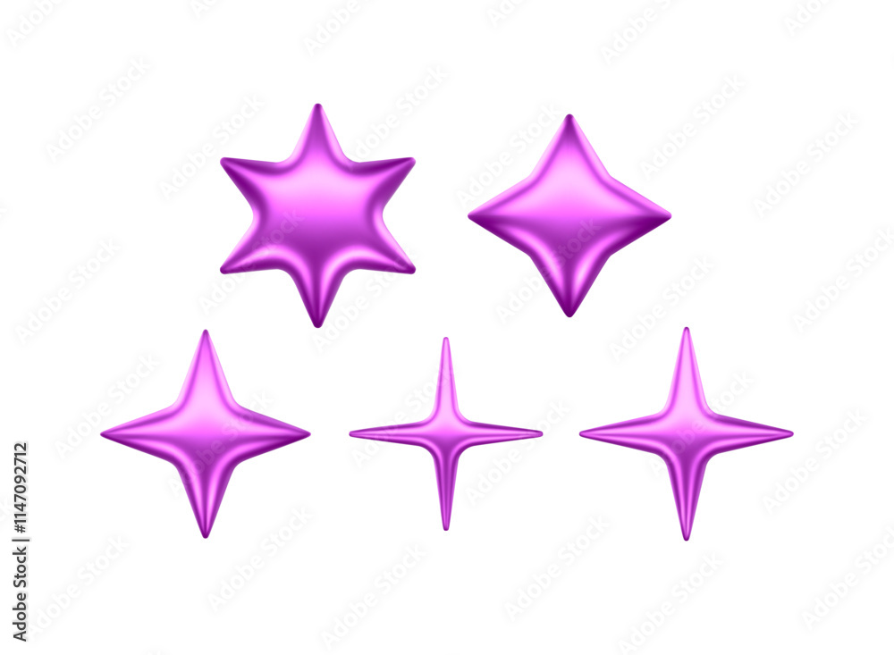 Obraz premium 3d Star Shapes Collection Purple Pink Shiny Glossy Metallic Icons Realistic Vector Illustrations Isolated On Transparent Background
