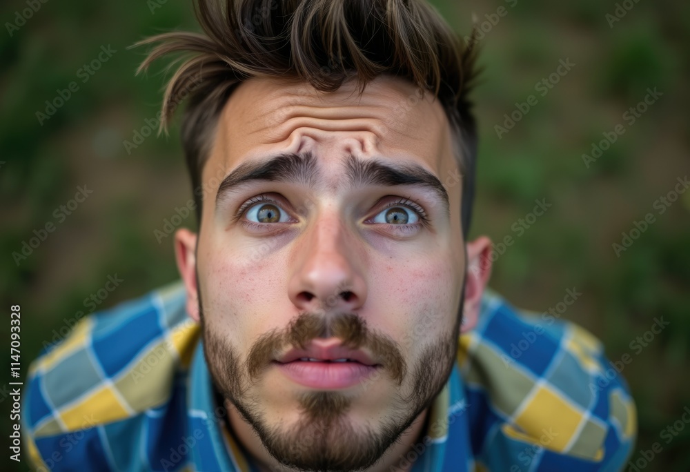 A young man with a surprised expression, looking up at the camera from a low angle. A young man with a surprised expression, looking up at the camera from a low angle.