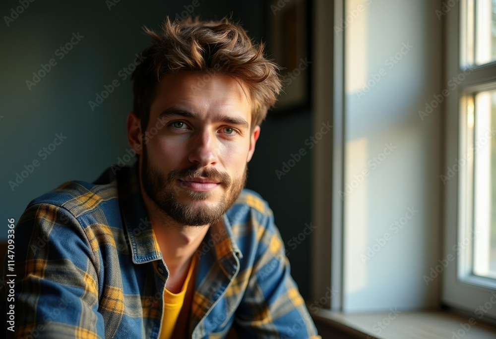 Obraz premium A young man with a beard, wearing a blue and yellow plaid shirt, sits near a window, looking directly at the camera.