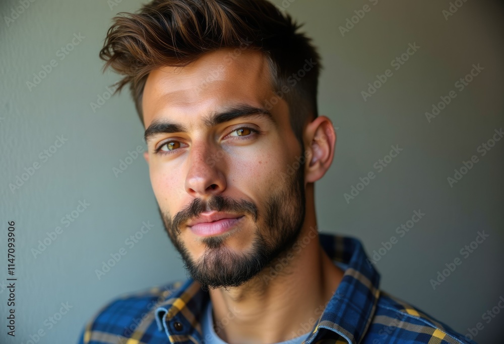 Obraz premium A young man with brown hair and a beard, wearing a blue plaid shirt, looks directly at the camera.