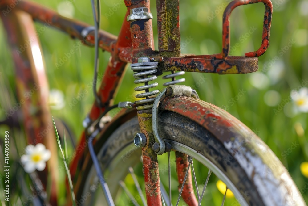 Close up of an old red bicycle showing its age and rust Close up of an old red bicycle showing its age and rust
