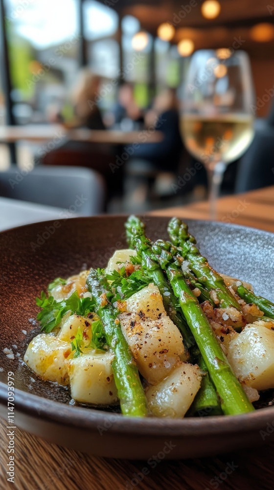 Freshly prepared gnocchi with asparagus served in a modern restaurant setting with guests enjoying their meals Freshly prepared gnocchi with asparagus served in a modern restaurant setting with guests enjoying their meals