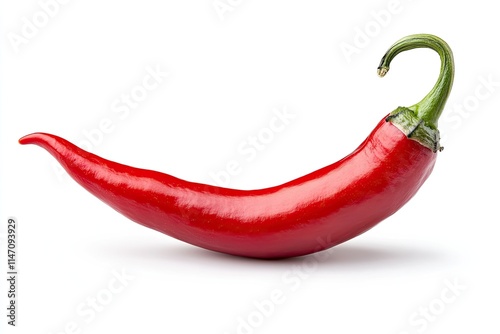 A single red chili pepper with a sharp curve, isolated on a white background