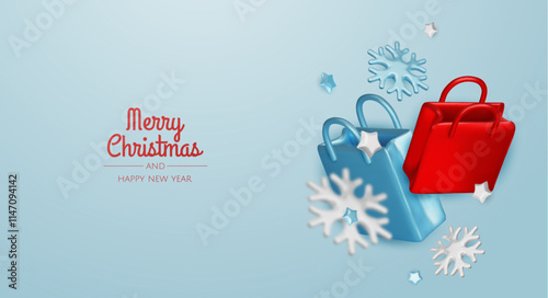 Happy New Year and Merry Christmas. Christmas holiday background with realistic 3d objects, bauble balls, conical metal stars. Levitation falling design composition.