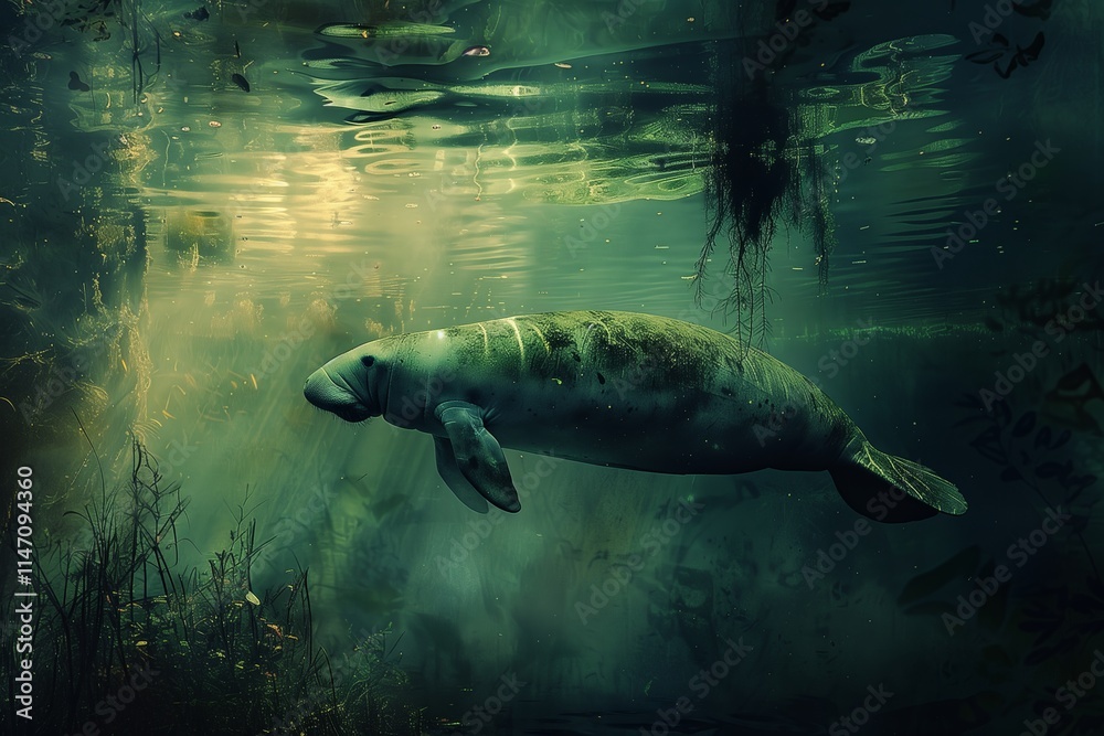 Fototapeta premium A serene underwater scene featuring a manatee gracefully swimming through aquatic vegetation.
