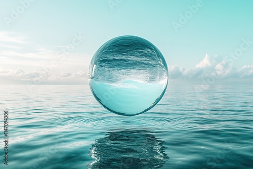 Floating translucent sphere above calm water reflects serene sky
