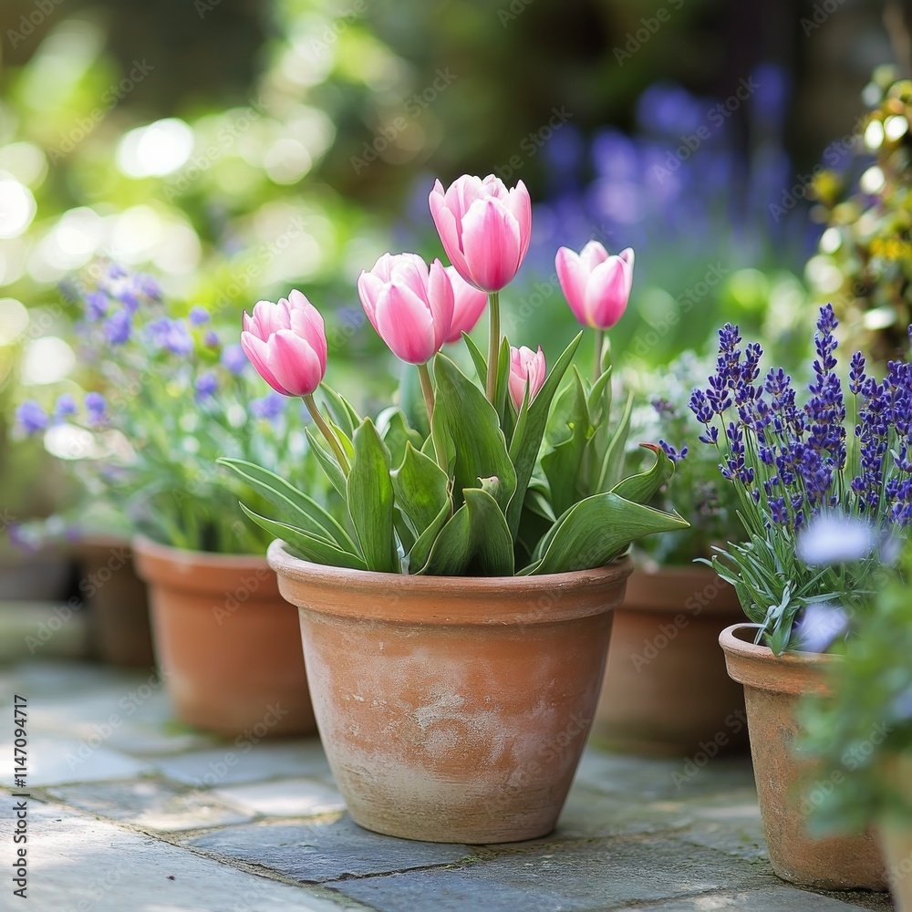 Vibrant tulips and lavender create a charming garden pathway in springtime blooming colors Vibrant tulips and lavender create a charming garden pathway in springtime blooming colors