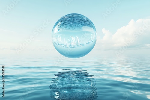 Floating crystal sphere above tranquil water surface reflects se photo