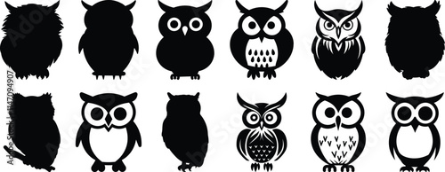 Owl silhouettes set, bird pack of vector silhouette design, isolated background