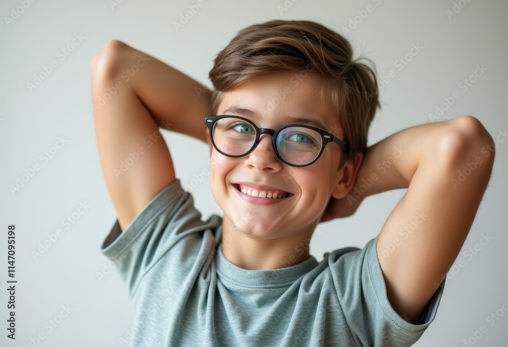 A happy boy with glasses rests his hands behind his head, smiling brightly. A happy boy with glasses rests his hands behind his head, smiling brightly.
