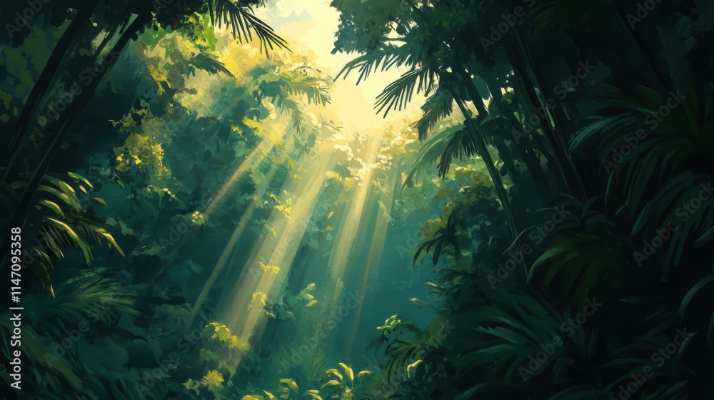 Fototapeta premium Sunbeams Illuminate Lush Tropical Rainforest Canopy