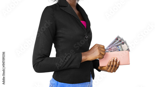 Black African Female Woman Lady in suit and blue jeans holding pink Purse Nepalese Rupee notes, hand removing money out of purse over white background. putting cash in bag
