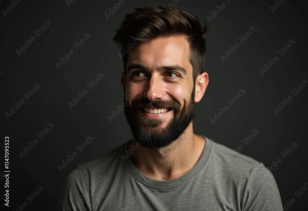 A happy, smiling man with a beard looks off to the side, a thoughtful expression on his face. A happy, smiling man with a beard looks off to the side, a thoughtful expression on his face.
