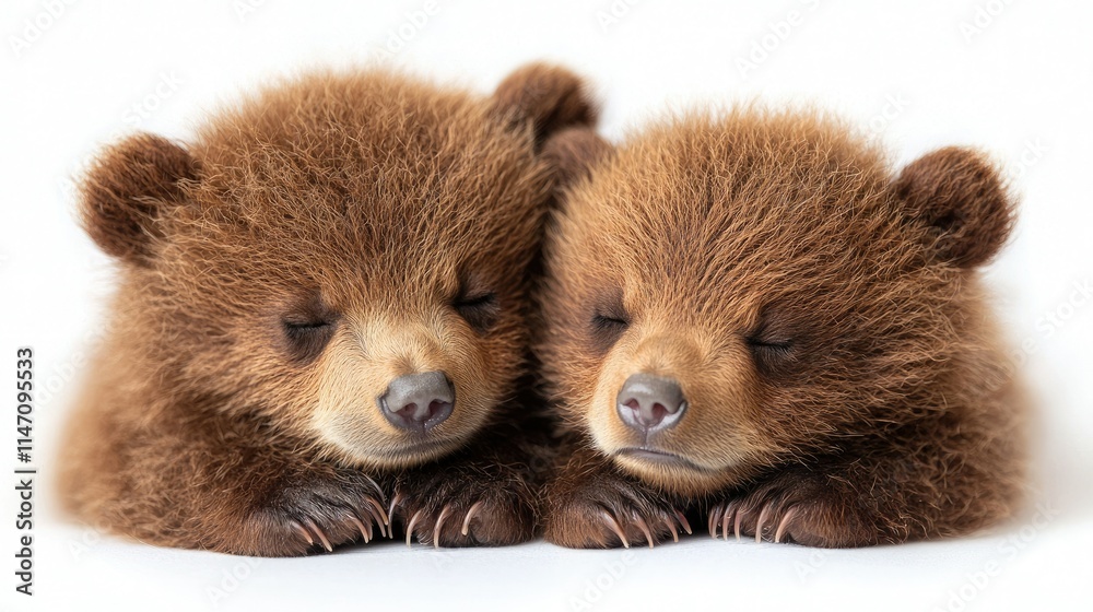 Fototapeta premium Two adorable sleeping bear cubs nestled together in a cozy pose.