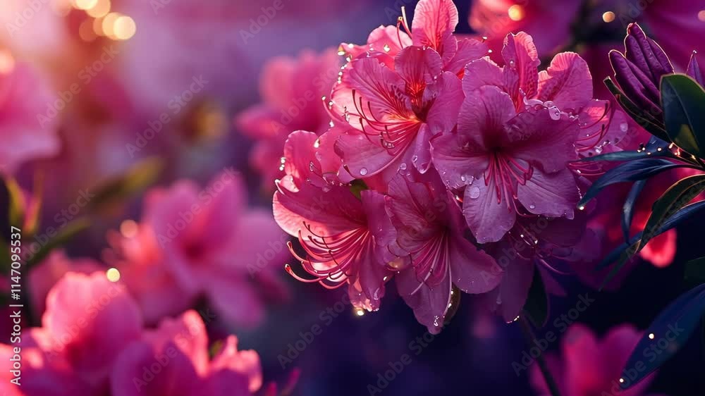 Pink rhododendrons protrude from the screen, a drop of dew picture Pink rhododendrons protrude from the screen, a drop of dew picture