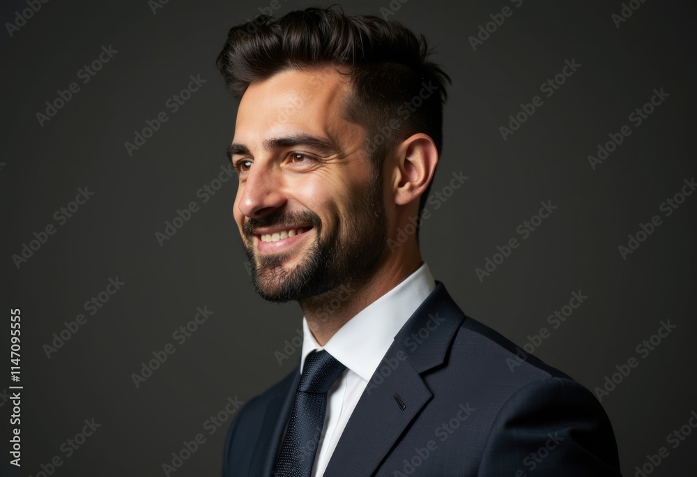 A smiling man in a suit, looking thoughtfully towards his right, exudes confidence and success. A smiling man in a suit, looking thoughtfully towards his right, exudes confidence and success.
