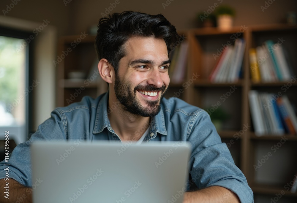 A smiling man looks at his laptop, enjoying his work in a cozy library setting. A smiling man looks at his laptop, enjoying his work in a cozy library setting.