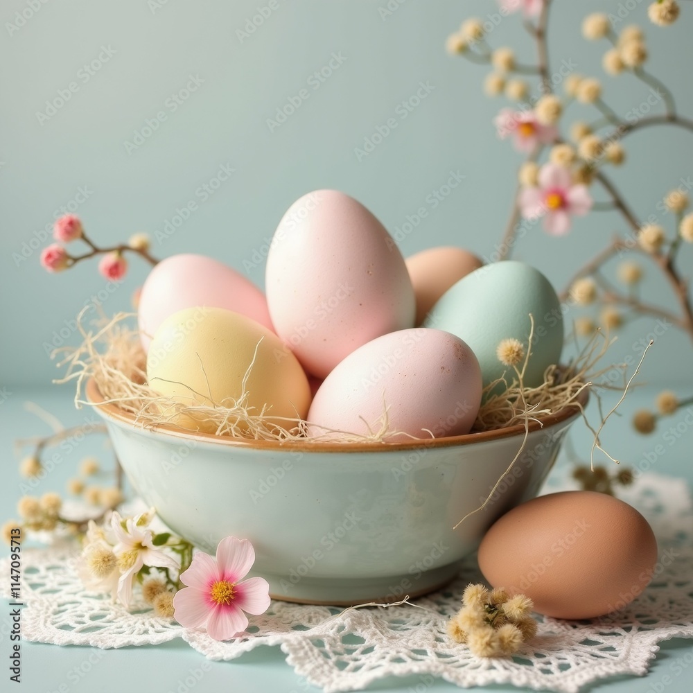 The image shows a bowl of eggs on a light blue background. The bowl is made of light blue ceramic and is placed on a white lace doily. The image shows a bowl of eggs on a light blue background. The bowl is made of light blue ceramic and is placed on a white lace doily.