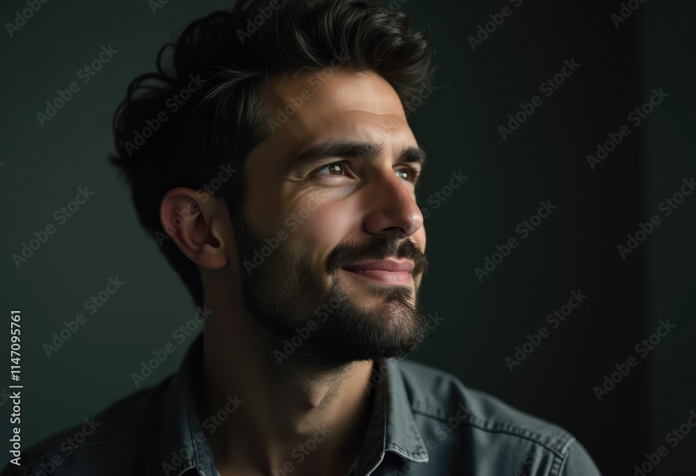 Fototapeta premium A thoughtful young man with a beard, looking off to the side, pensive expression.
