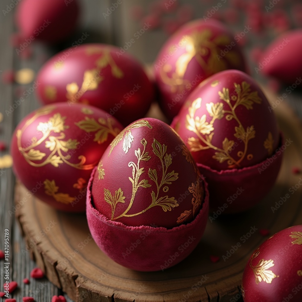 Fototapeta premium The image shows a group of six red Easter eggs on a wooden surface. The eggs are arranged in a circular pattern, with one egg in the center.
