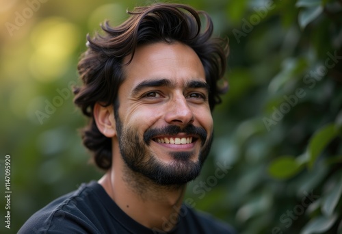 A smiling man with dark, curly hair and a beard, outdoors against a blurred green background.