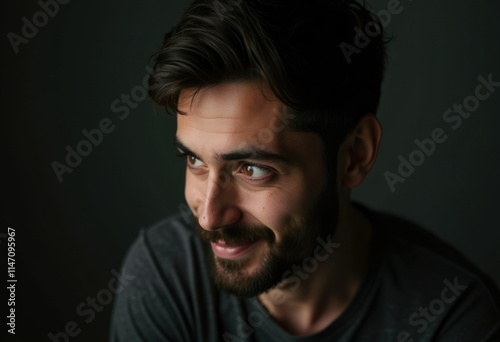 A portrait of a man with dark hair and a beard, looking off to the side with a subtle smile.