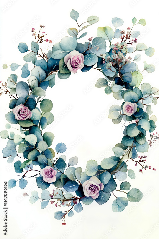 A wreath of eucalyptus leaves and pink roses on a white background A wreath of eucalyptus leaves and pink roses on a white background