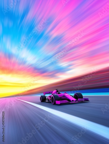 Motorsport racing car on driving speed vibrant track in colorful sky motion race fast vehicle competition city traffic