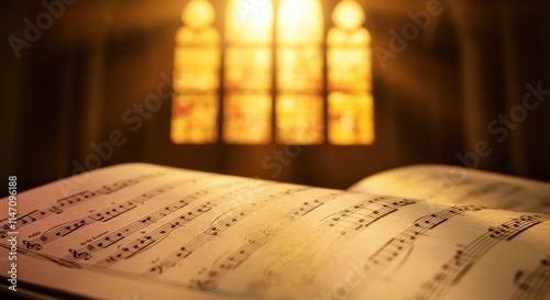 Open music sheet with notes, lit by sunlight through stained glass windows