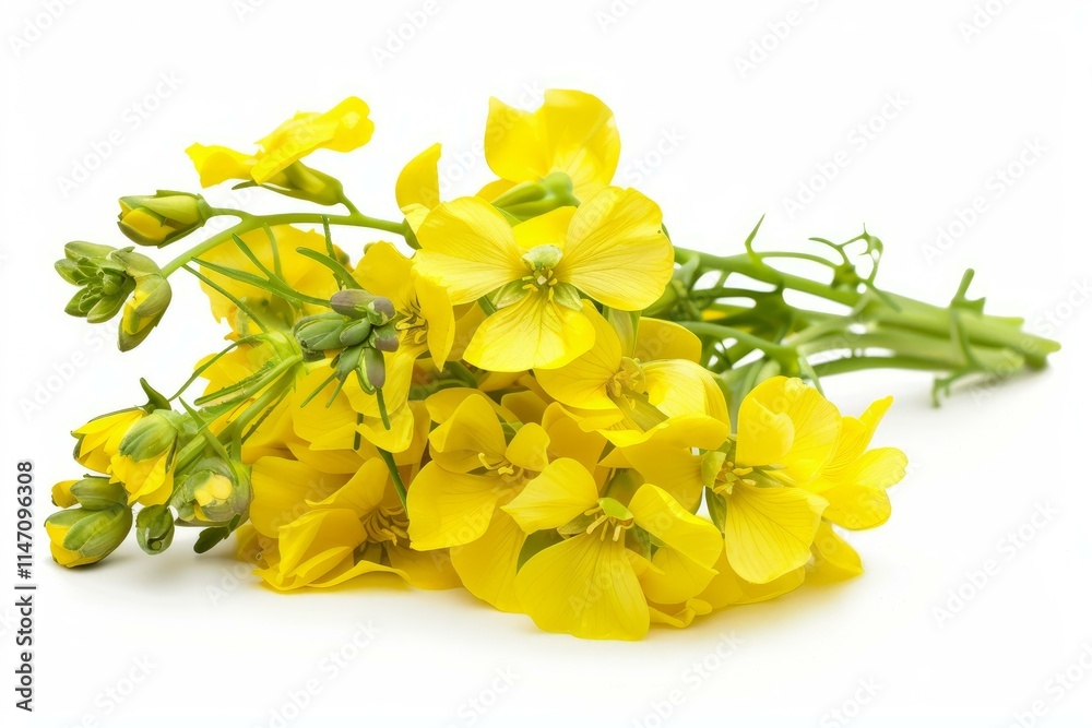 Obraz premium Canola flowers with green stems are lying on a white background