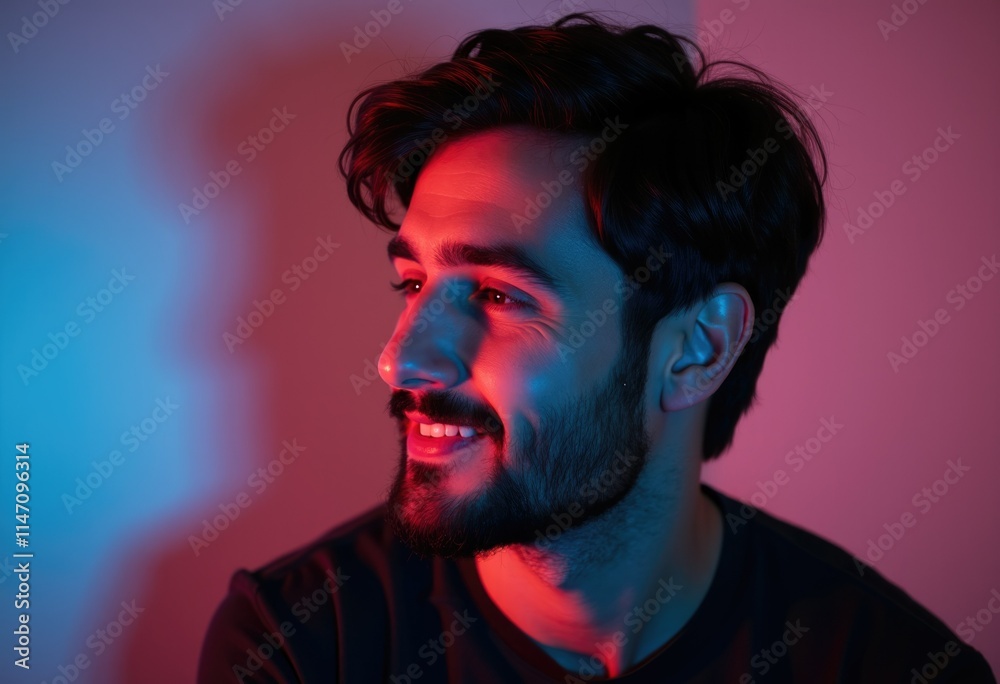 Fototapeta premium A young man with a beard smiles gently, illuminated by vibrant red and blue neon lights.
