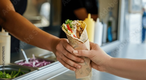 Person receiving wrapped sandwich from vendor at food truck Fresh ingredients visible