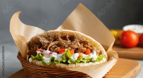 Pita bread filled with shredded meat, lettuce, tomatoes, onions, and sauce