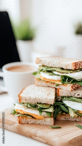 Breakfast at the workplace, sandwiches with eggs and lettuce, laptop and a cup of coffee in the background, coupled plan