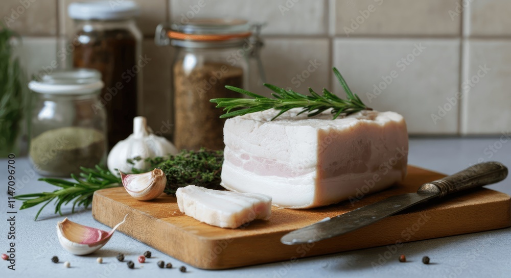 Sliced bacon with herbs and spices on wooden board Sliced bacon with herbs and spices on wooden board
