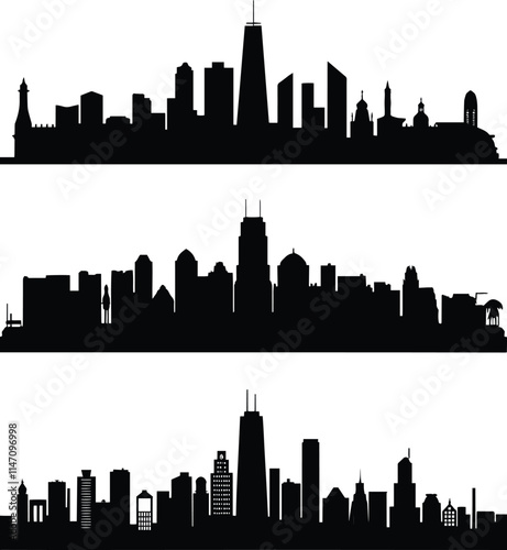 High-Definition Solid Black Silhouette of a Skyline with Sharp, Clean Edges and Minimalist Design