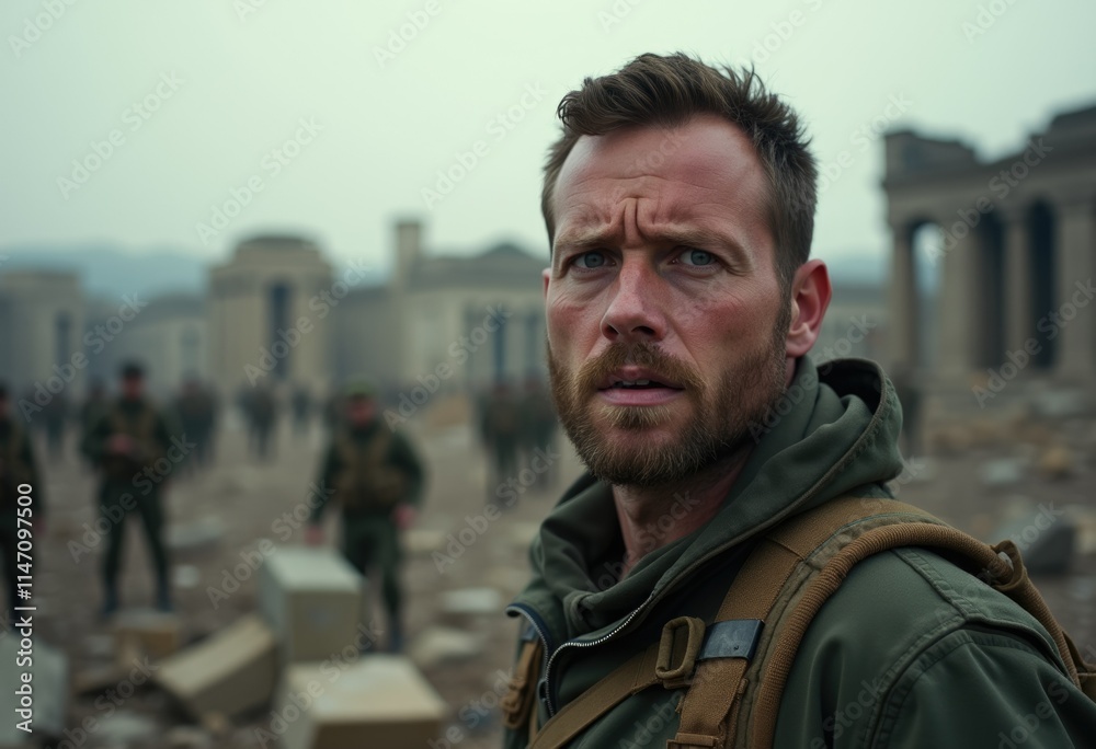 A man with a beard, wearing a military-style jacket, looks concerned amidst a war-torn cityscape with soldiers in the background. A man with a beard, wearing a military-style jacket, looks concerned amidst a war-torn cityscape with soldiers in the background.