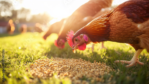 Close-up of happy hens pecking at fresh grains and seeds scattered on a grassy field under soft, golden sunlight, showcasing free-range chicken feeding