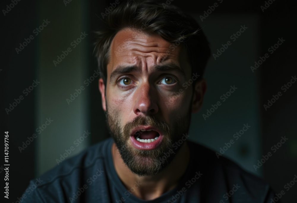 A man with a shocked expression, wide eyes, and open mouth, showing surprise or fear. A man with a shocked expression, wide eyes, and open mouth, showing surprise or fear.