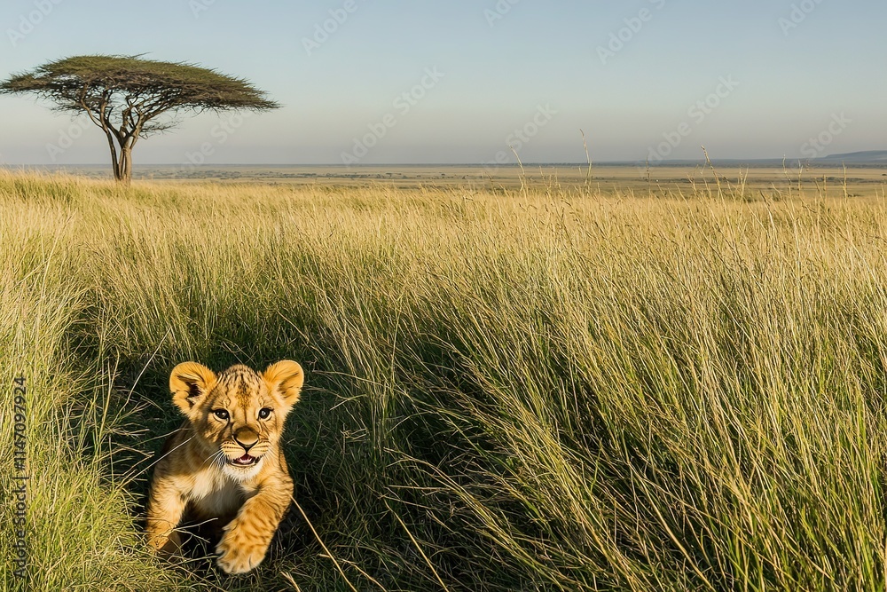 Obraz premium Playful lion cub rests in tall grass under lone acacia tree, sho