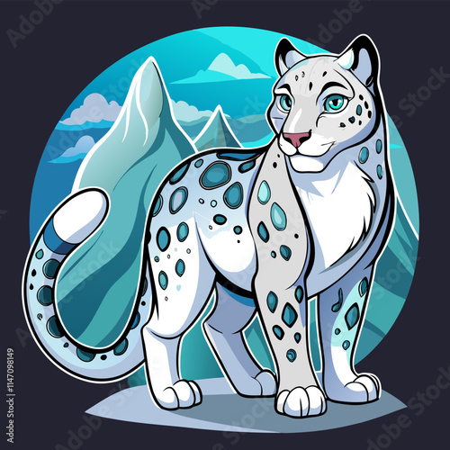 Professional Snow Leopard Illustration: Teal, Vector.